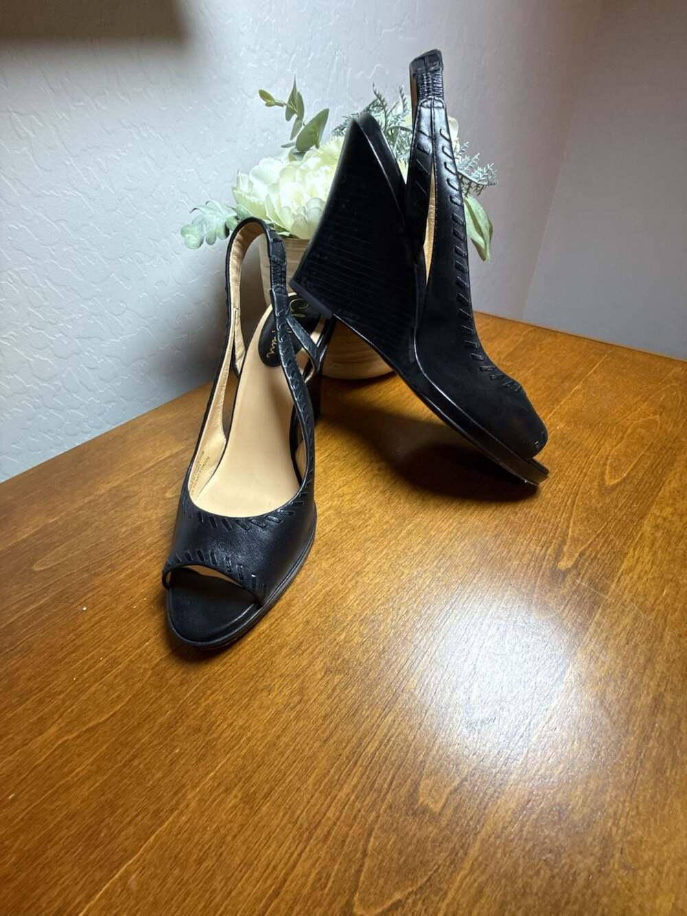 Cole Haan Wedge Sandals Size 7.5B Black Leather Peep Toe